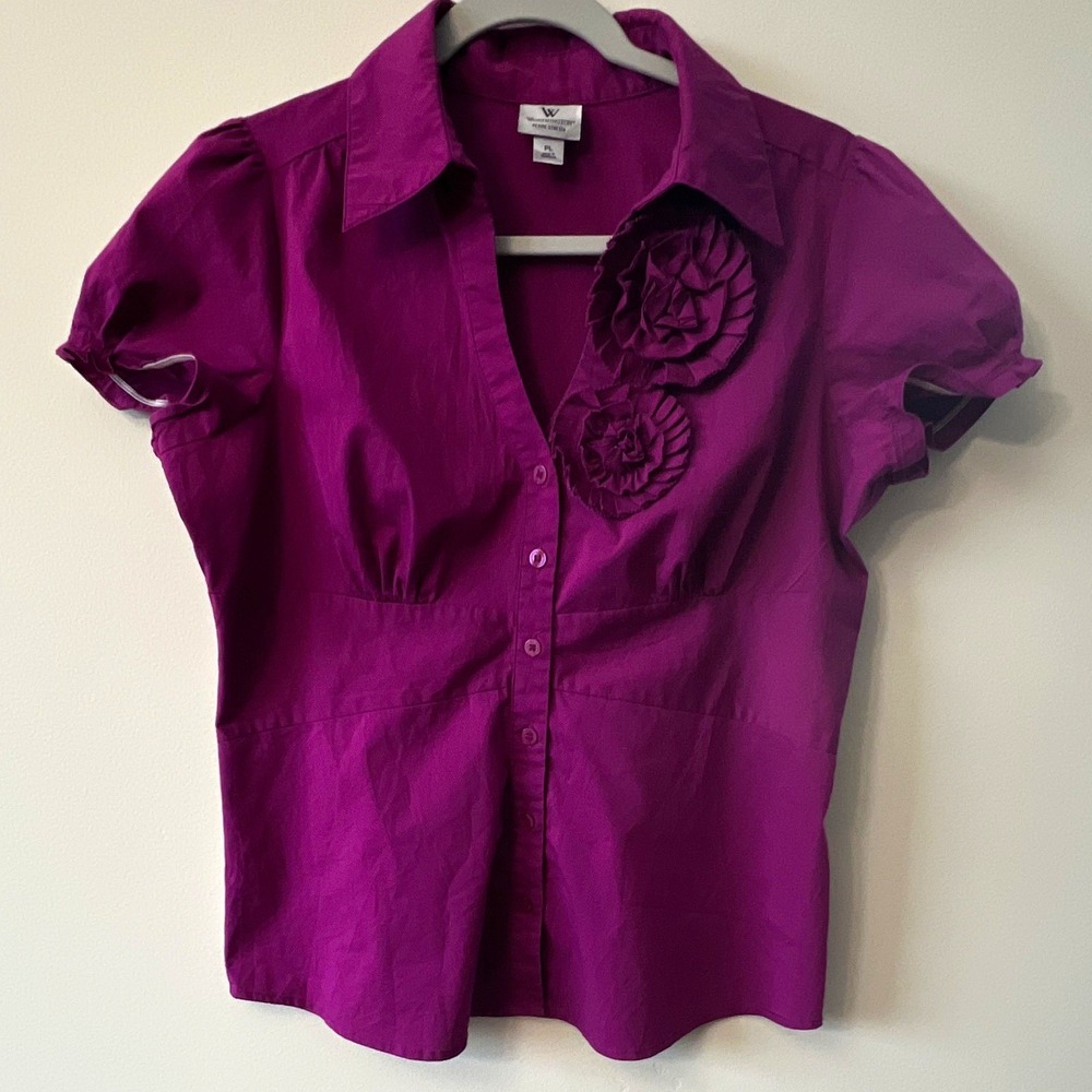 Worthington Vintage 2000's PL pop culture Stretch Collared Puff Blouse Magenta
